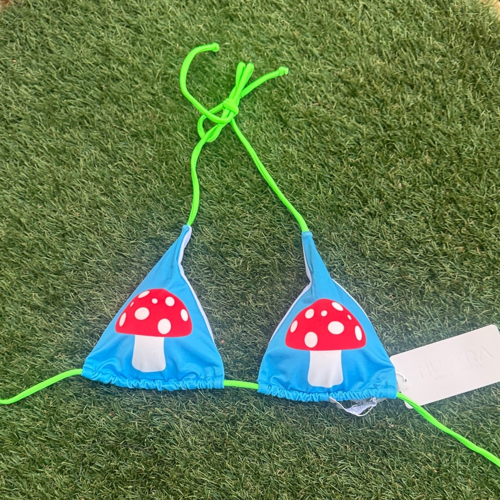 Vibrant Blue Mushroom Print Bikini Top